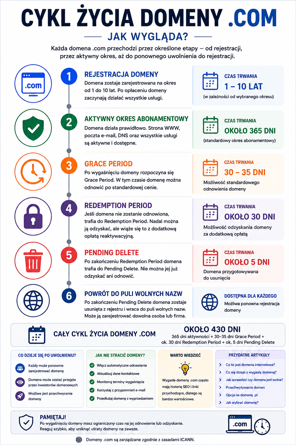 Cykl życia domeny .com - graficzne przedstawienie cyklu życia domeny .com